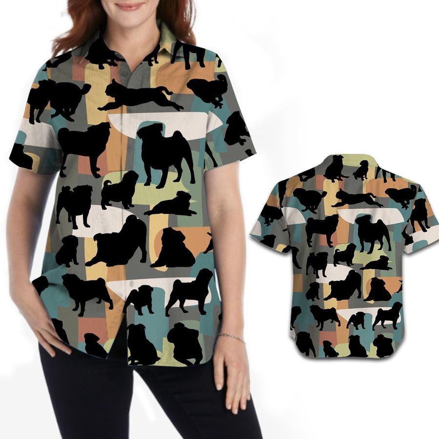 Pug Silhouettes Pastel Colors Lovely Women Aloha Hawaiian Button Up Shirt For Dog Pet Animal Lovers On Beach Summer Vacation