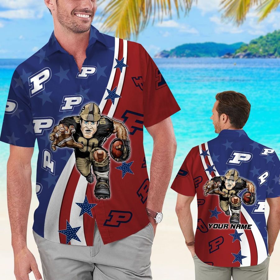 Purdue Boilermakers American Flag Custom Name Men Women Short Sleeve Button Up Tropical Aloha Hawaiian Shirts For Men Women Purdue University