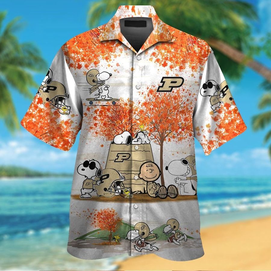 Purdue Boilermakers Snoopy Autumn Short Sleeve Button Up Tropical Aloha Hawaiian Shirts For Men Women