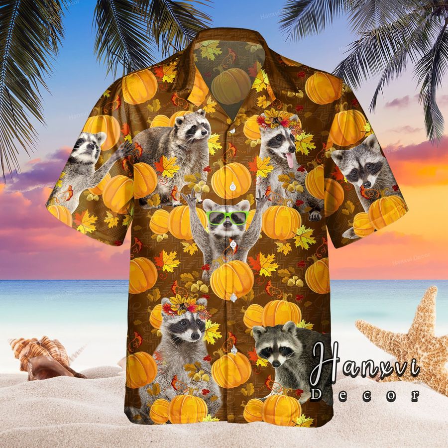 Raccoon Autumn Hawaiian Shirt, Vintage Shirt With Maple Leaves And Pumpkins For Raccoon Lovers, Harvest Season Gift For Farm Owners