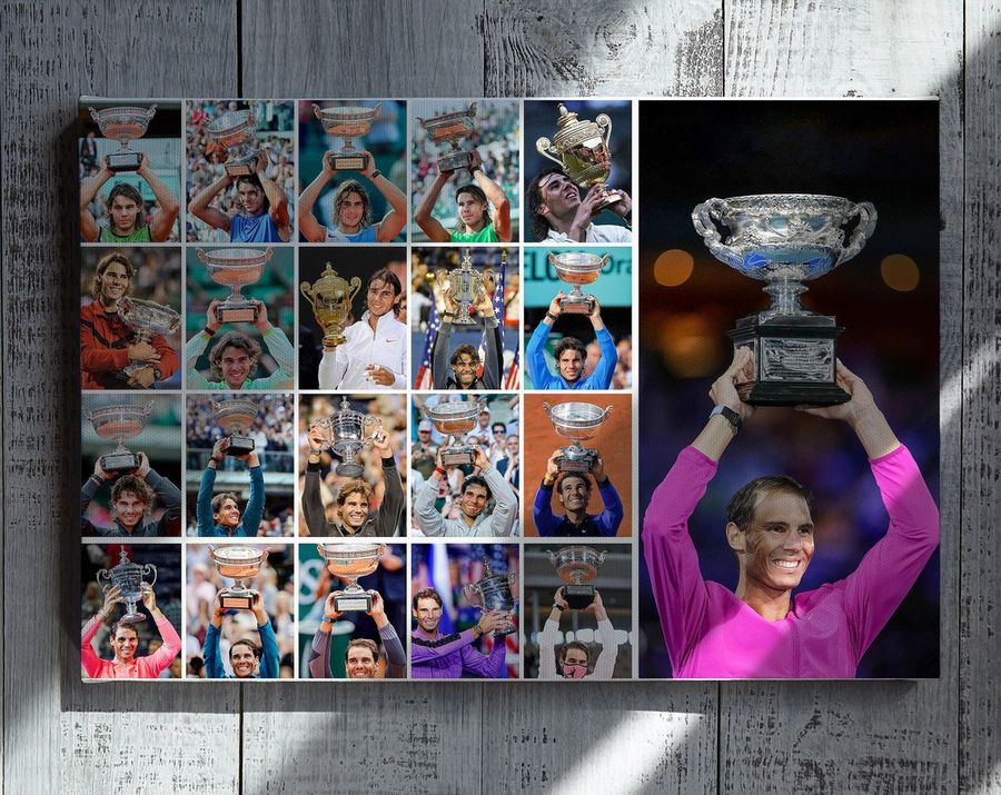 Rafael Nadal posing with the trophies of his 21 Grand Slam victories, Poster, Canvas, Digital Print
