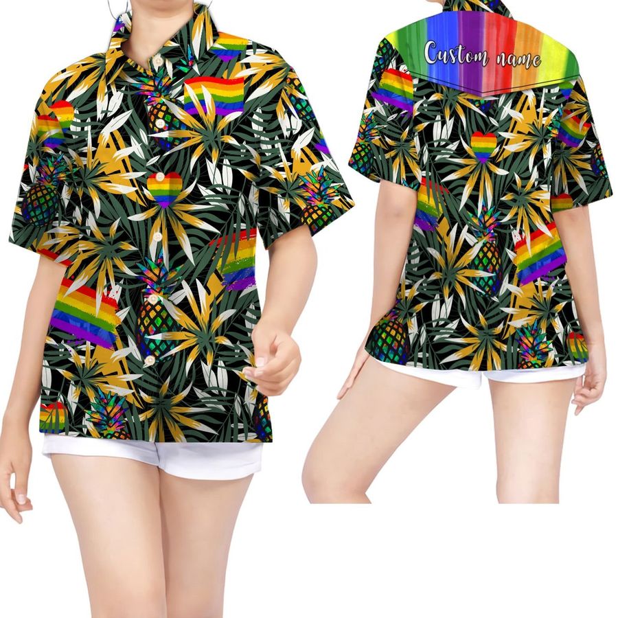 Rainbow Pineapples Tropical Leaves Custom Name Women Hawaiian Shirt For Lgbt Community