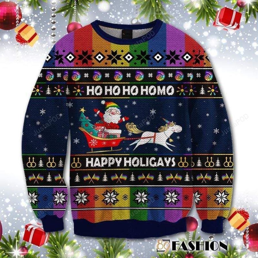 Rainbow Unicorn Hohoho Homo Happy Holigays Ugly Christmas Sweater All
