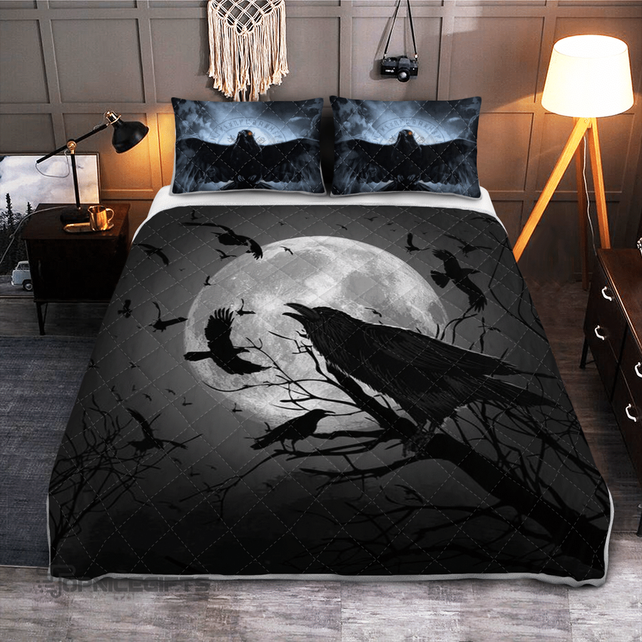 Raven Crow in Night Moon Quilt Bedding Set.png