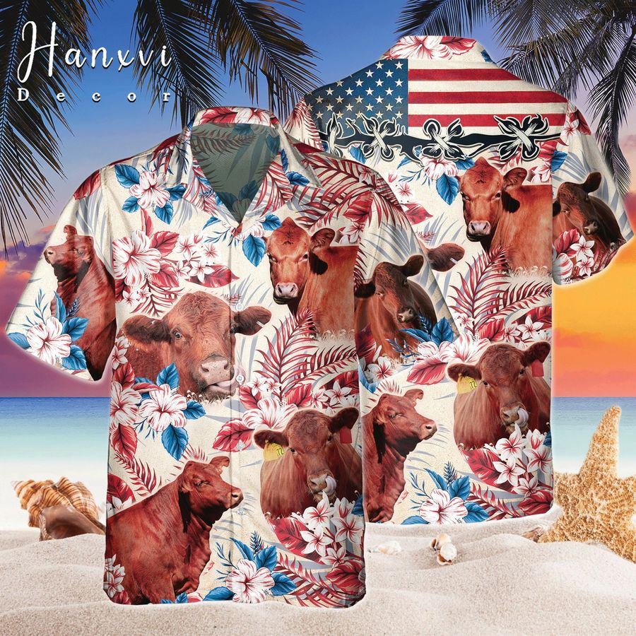Red Angus Cow Hawaiian Shirt, Tropical American Flag Hawaii Shirt, Funny Cattle Farm Animal Shirt, Farmer Aloha Shirt Gift For Him