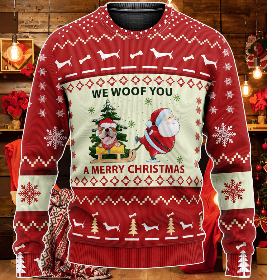 Red Bulldog We Woof You A Merry Christmas ugly Sweater.png