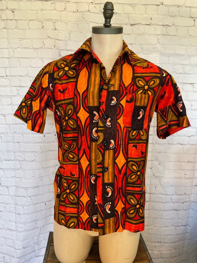 Retro 60s Hawaiian Shirt - Bright Orange and Black - Size Medium