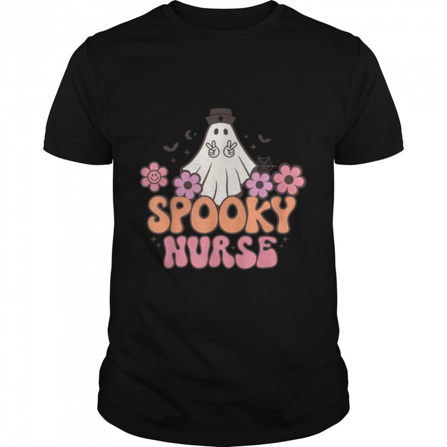 Retro Groovy Floral Spooky Nurse Ghost Halloween costume T-Shirt B0B9SVDYMN
