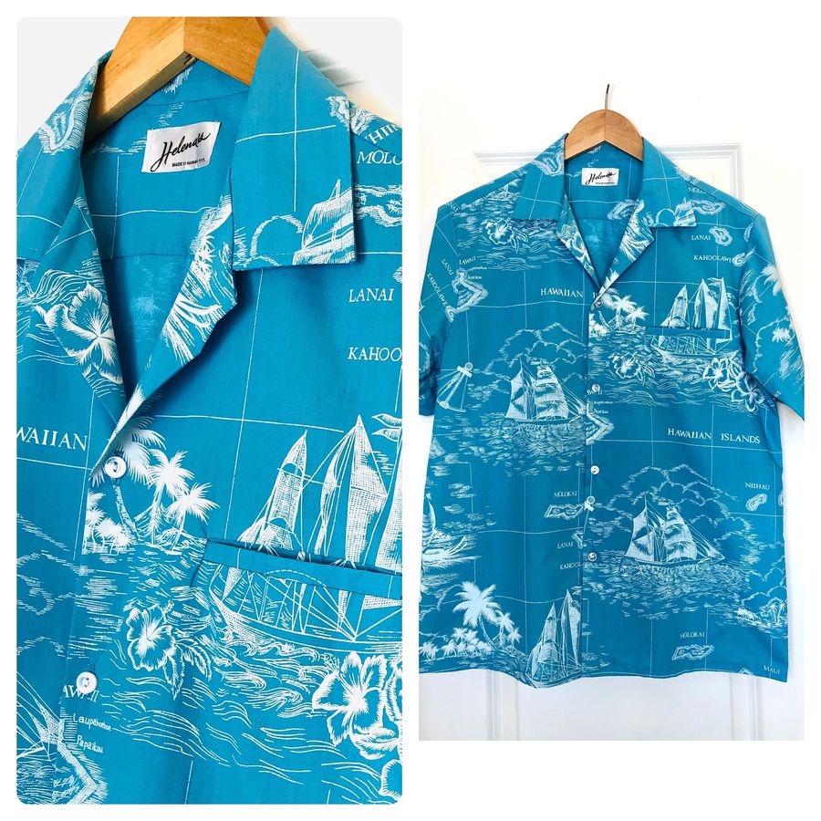 Retro Men's Hawaiian Tropical Graphic Print Button Up  90's Map of Hawaii Holiday Blue   Vintage Grunge Aqua USA Island Shirt Fun Party