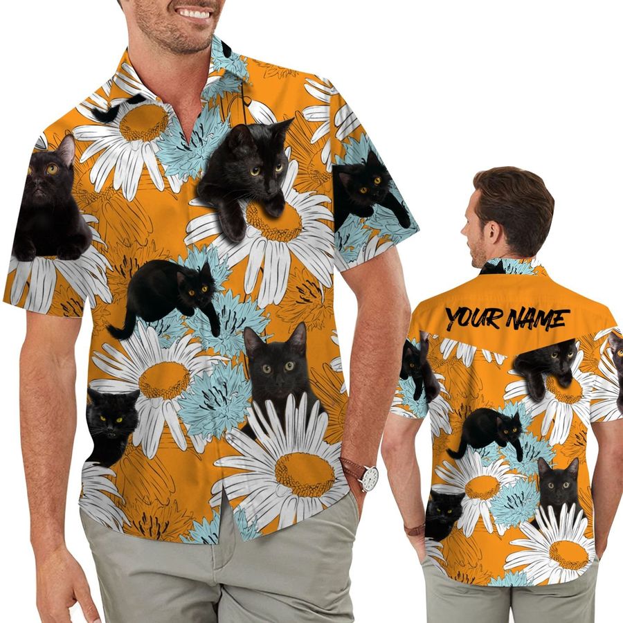 Retro Vintage Style Black Cat Daisies Floral Men Hawaiian Aloha Beach Button Up Custom Name Shirt For Cat Lovers On Summer Vacation