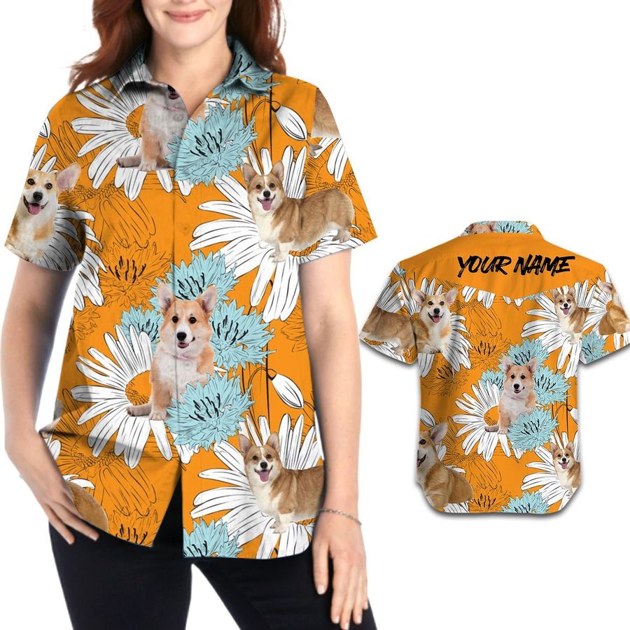 Retro Vintage Style Corgi Daisies Floral Women Hawaiian Aloha Beach Button Up Custom Name Shirt For Dog Lovers On Summer Vacation