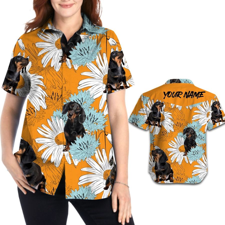 Retro Vintage Style Dachshund Daisies Floral Women Hawaiian Aloha Beach Button Up Custom Name Shirt For Dog Lovers On Summer Vacation