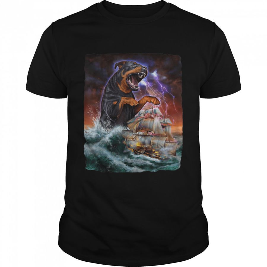 Rottweiler Dog as Kraken Attack a War Ship at High Seas T-Shirt B0B3BQYXGJ