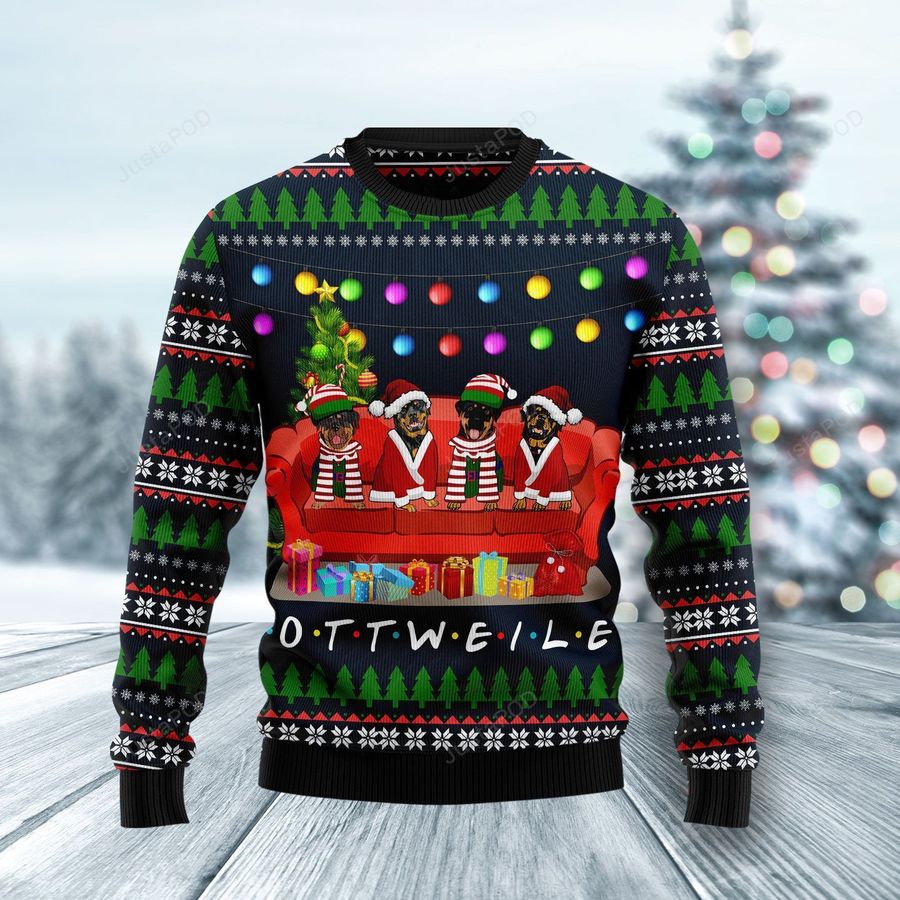 Rottweiler Friends On Red Sofa Ugly Christmas Sweater Ugly Sweater