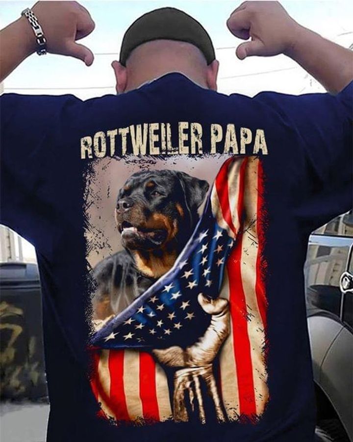 Rottweiler Papa Bulldog United States Hanging On Independence Day Black T Shirt Men And Women S-6XL Cotton Back Side