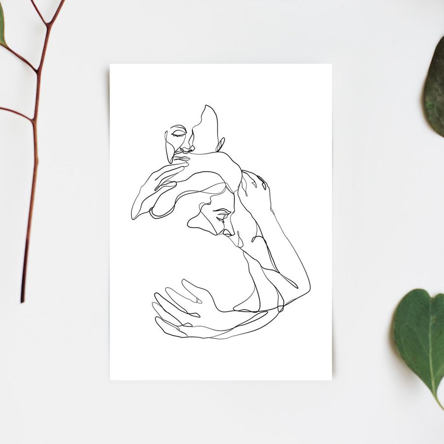 Safe in Your Arms Hugging Couple Single Line Fine Art Print, Black and White Couple Cuddling Romantic Home Decor, Continuous Line Couple Art