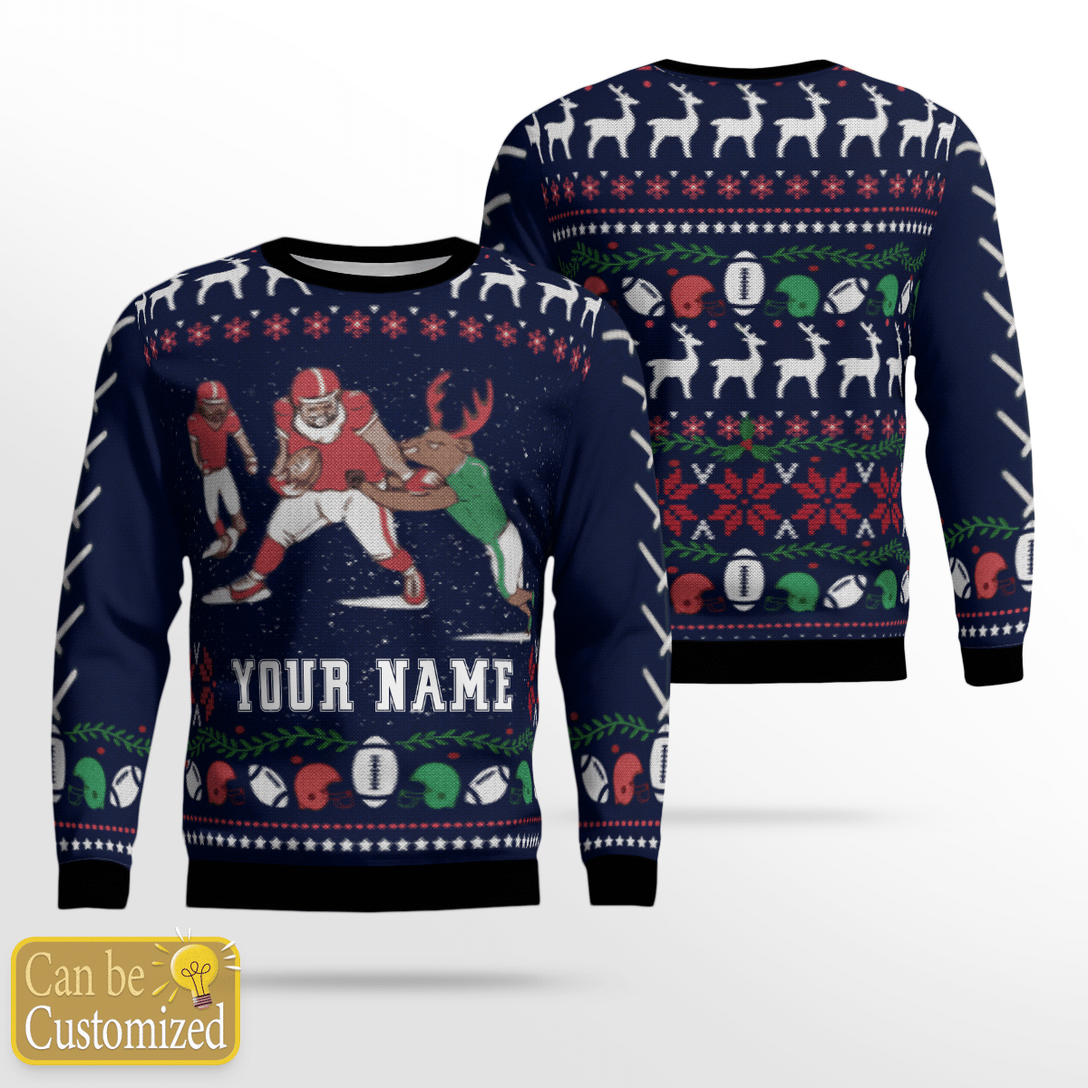 Santa Football and reindeer Ugly Christmas Sweater Personalized Name