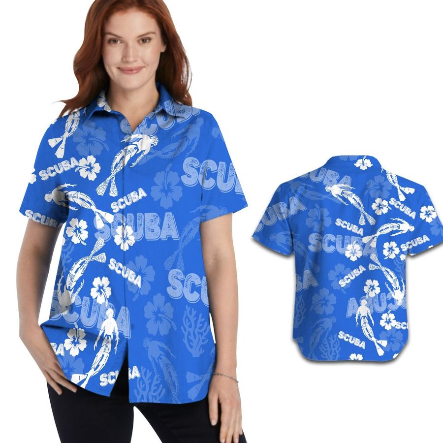 Scuba Diving Ocean Tropical Floral Beach Coral Women Aloha Button Up Hawaiian Shirts For Divers In Daily Life