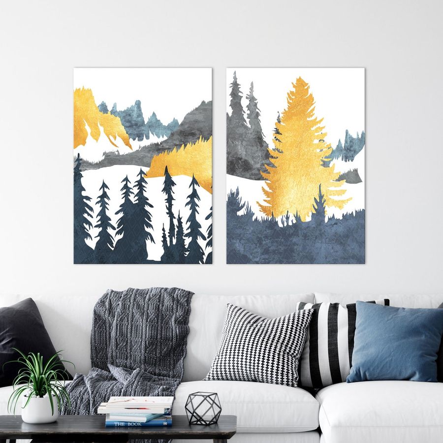 Set of 2 Landscape Art Prints, Gold Tree Mountain Nature Painting, Forest Scenery Wildlife Home Decor, Hiking Hill Walking Outdoors Artwork