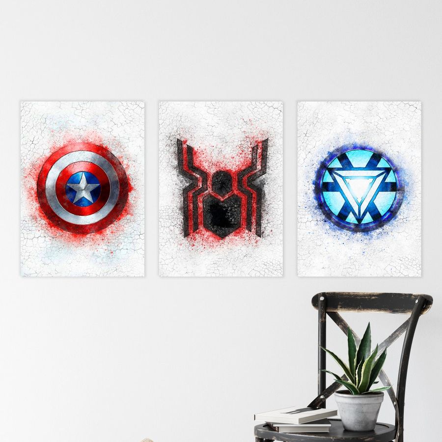 Set Of 3 Marvel Avengers Posters, Captain America Shield Print, Spider-Man Logo Art, Iron Man Reactor Wall Art, Superhero 3 Set Kids Bedroom