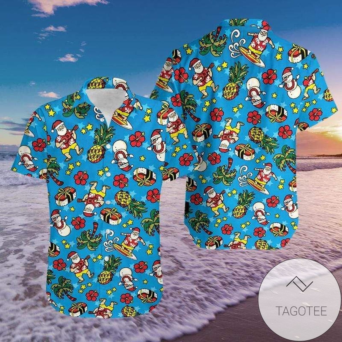 Shop Blue Santa Claus Playing Guitar Pineapple Authentic Hawaiian Shirt 2022s