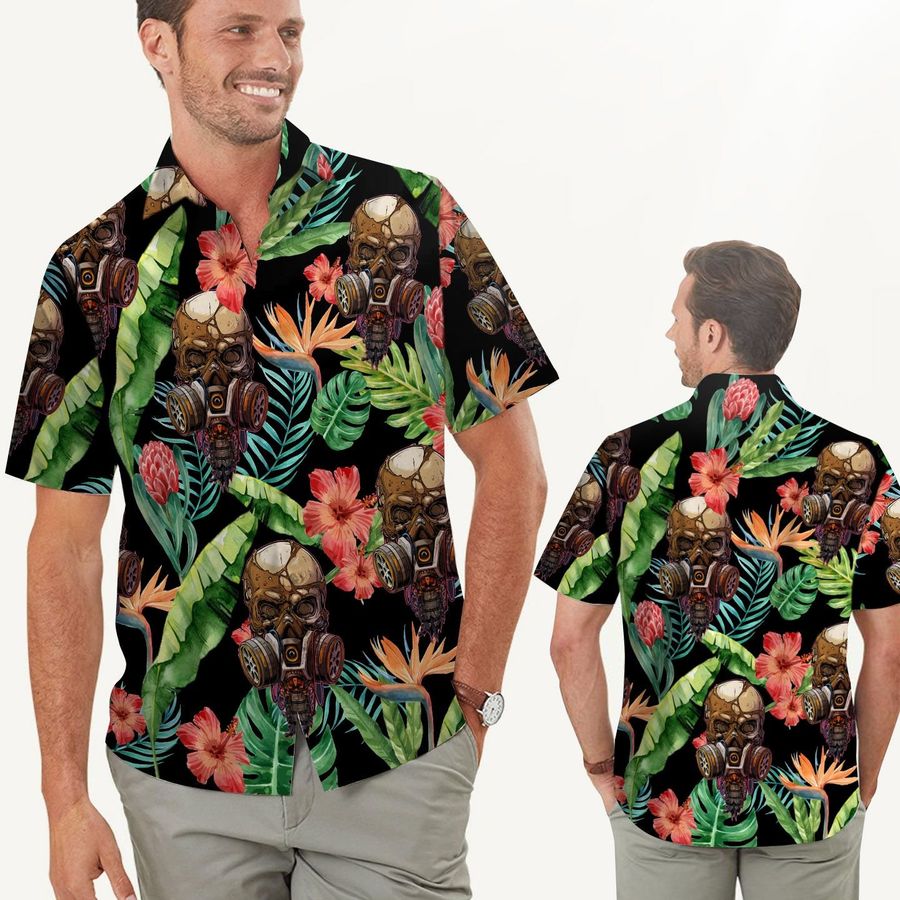 Skull Hibiscus Tropical Leaves Men Hawaiis Shirt