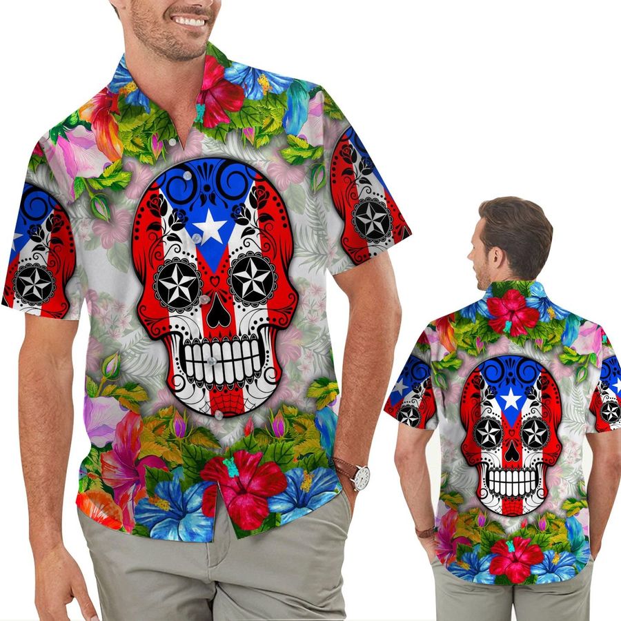 Skull Puerto Rico Flag Tropical Floral Hibicus Men Button Up Aloha Hawaiian Shirt For Boricua Puerto Ricans On The Beach Summer