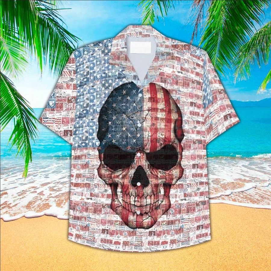 Skull With American Flag Hawaiian Shirt For Men Women - Button Down Aloha Shirt, Short Sleeve Series - Patriotic Vintage Hawaii Beach Shirt