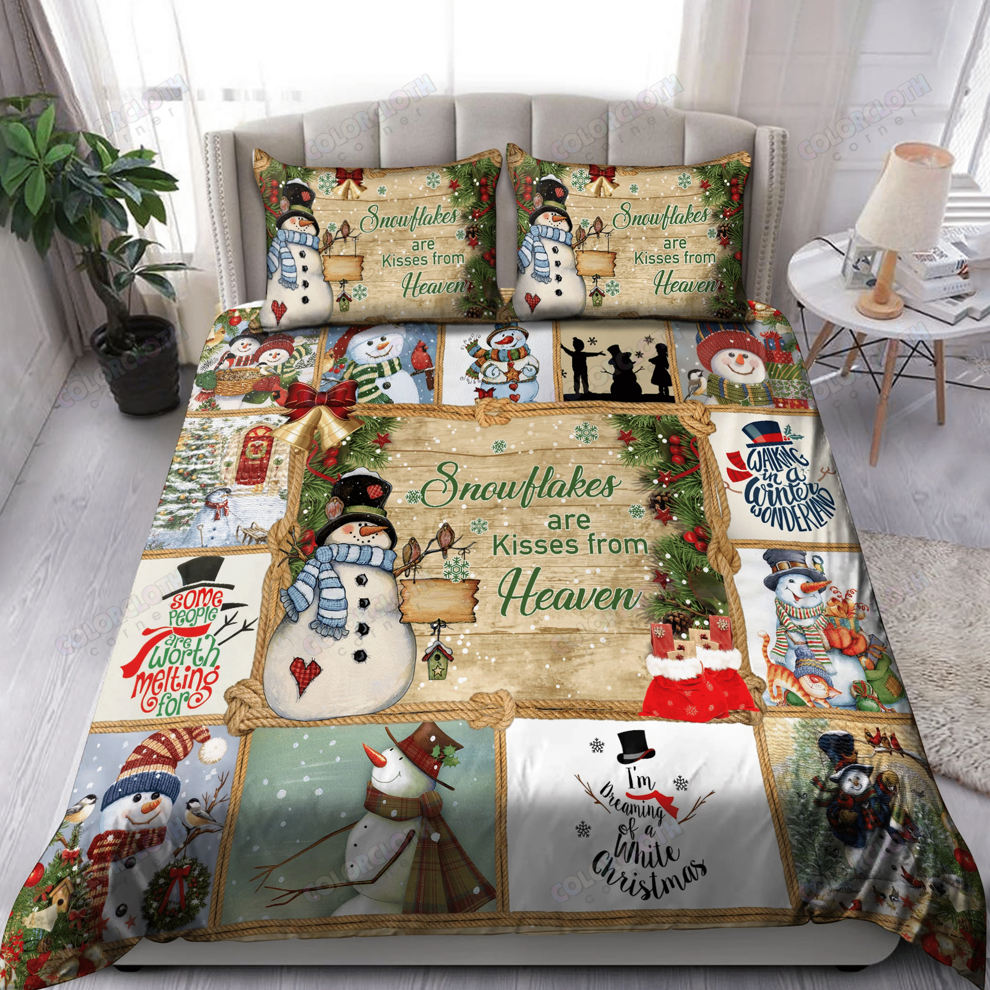 Snowman Snow flakes are kisses from heaven Merry Christmas Bedding Set