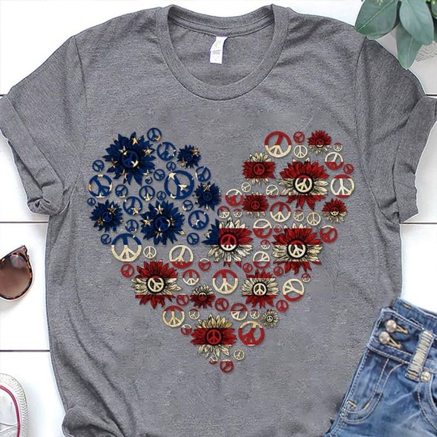 Sunflower Hippie Heart USA Flag 4th Of July Independence Day T Shirt S-6XL Mens And Women Clothing