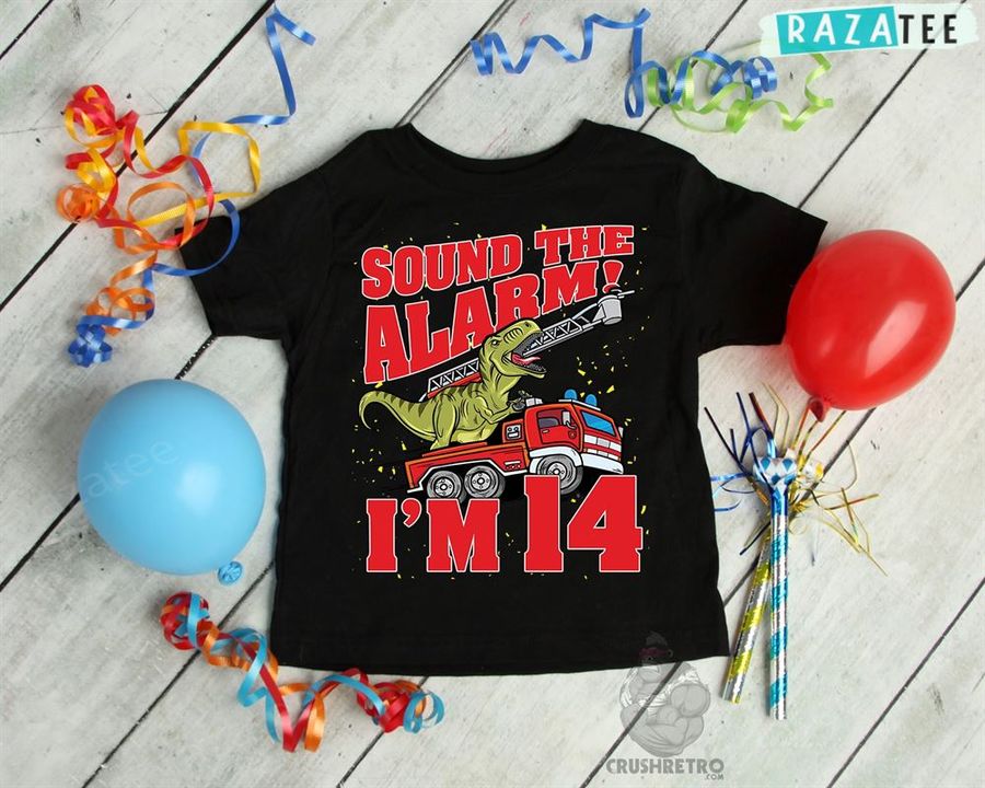 T-rex Dinosaur 14 Year Old Birthday Boy Firefighter Shirt Happy 14Th Birthday Son Shirt