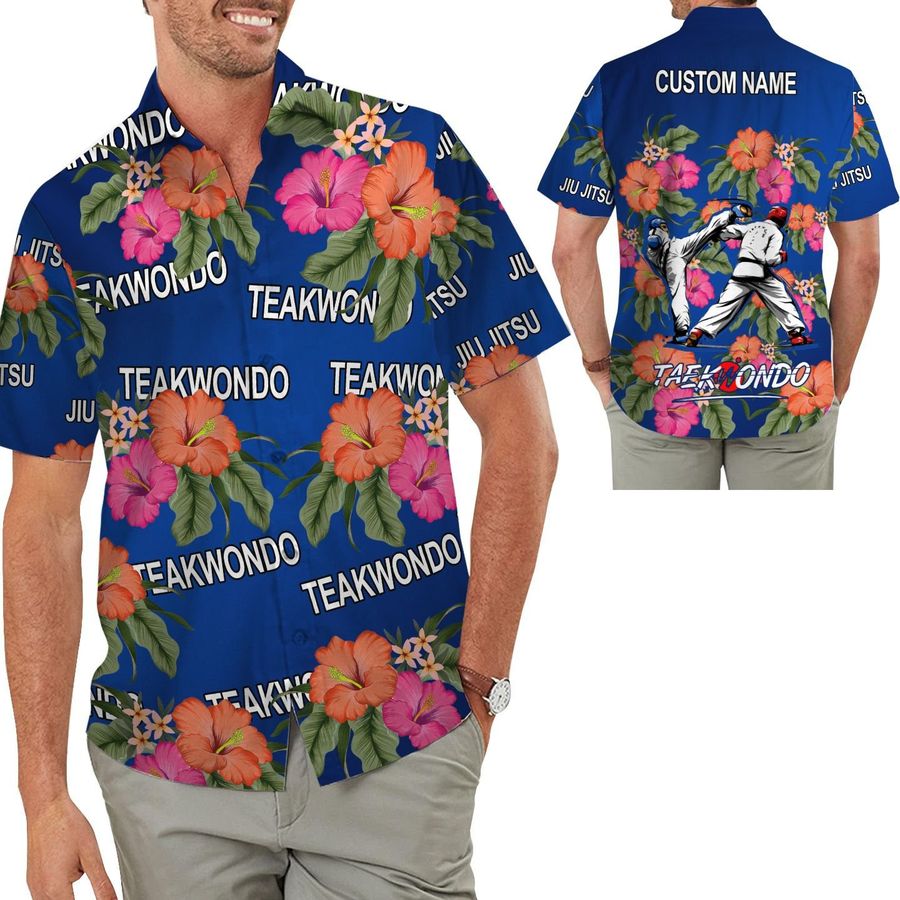Taekwondo Image Tropical Floral Custom Name Personalized Gifts Men Aloha Button Up Hawaiian Shirt For Martial Arts Lovers