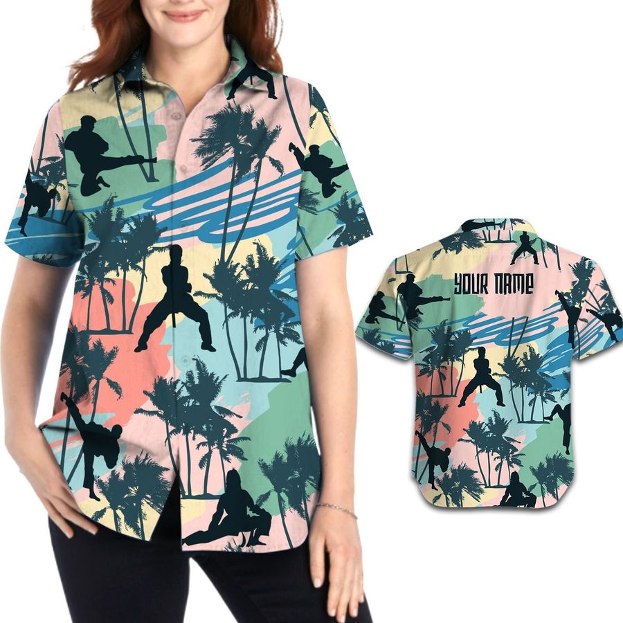 Taekwondo Tropical Coconut Trees Aloha Custom Name Women Button Up Hawaiian Shirt Personalized Gifts For Martial Lovers