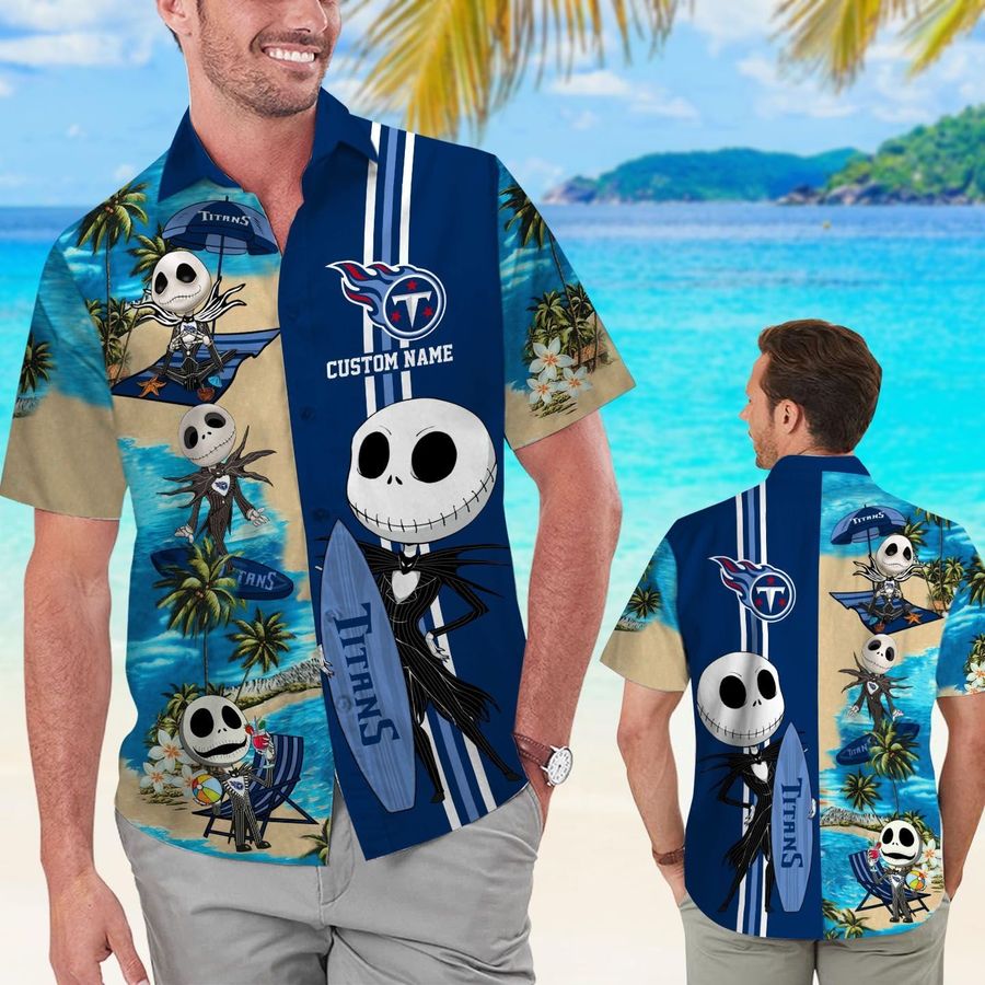 Tennessee Titans Jack Skellington Custom Name Short Sleeve Button Up Tropical Aloha Hawaiian Shirts For Men Women