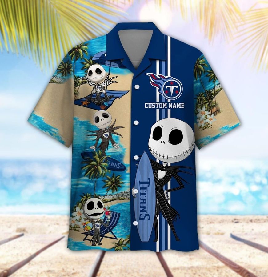 Tennessee Titans Jack Skellington Custom Name Short Sleeve Button Up Tropical Aloha Hawaiian Shirts