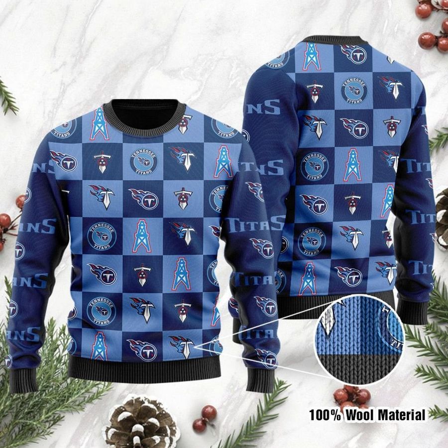 Tennessee Titans Logo Checkered Flannel Design Ugly Christmas Sweater Ugly