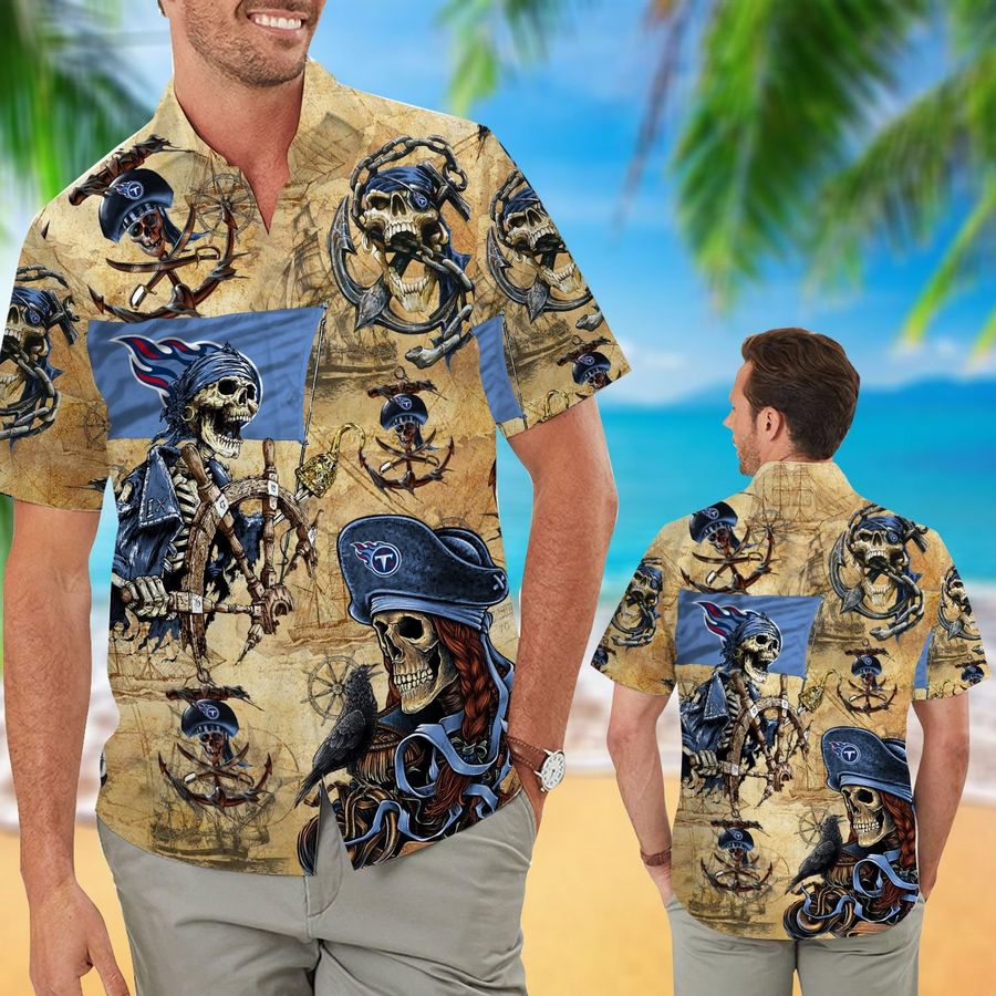 Tennessee Titans Pirates Aloha Hawaiian Button Up Shirt Retro Vintage Style Full Size For Sale