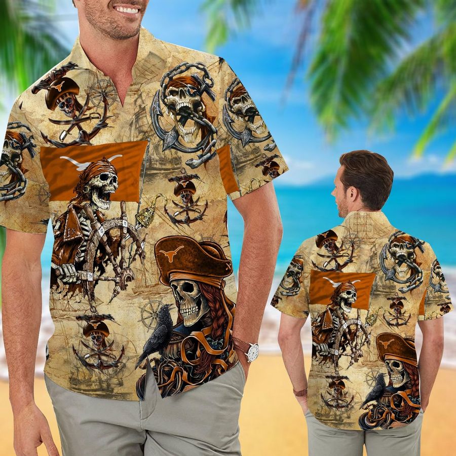 Texas Longhorns Pirates Aloha Hawaiian Button Up Shirt Retro Vintage Style Full Size For Sale