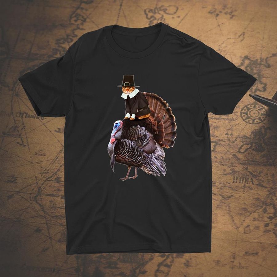 Thanksgiving Cat In Pilgrim Costume Riding Turkey Funny Shirt