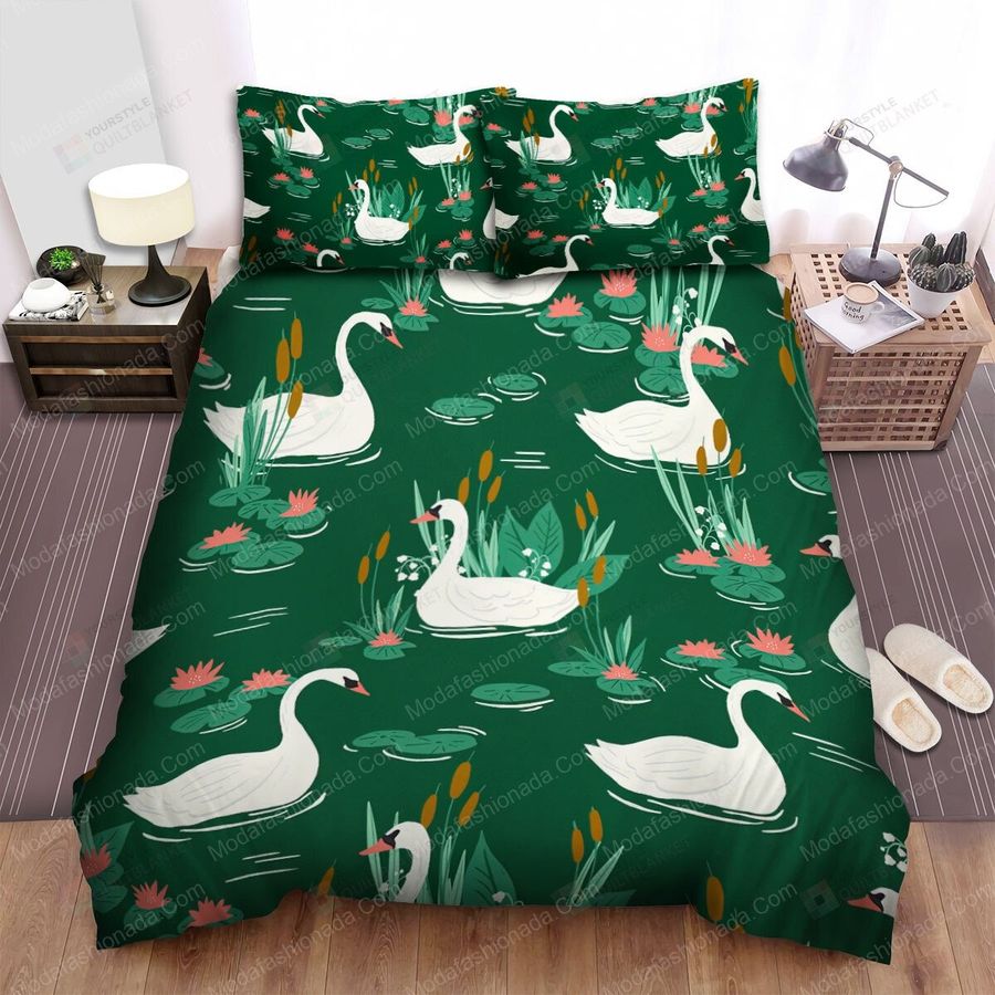 The Swan Swimming In The Pond Seamless Pattern Animal 7 Bedding Sets