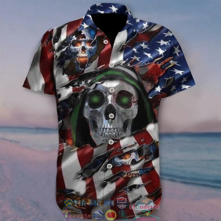 Thin Line Green Skull American Flag Hawaiian Shirt – Saleoff
