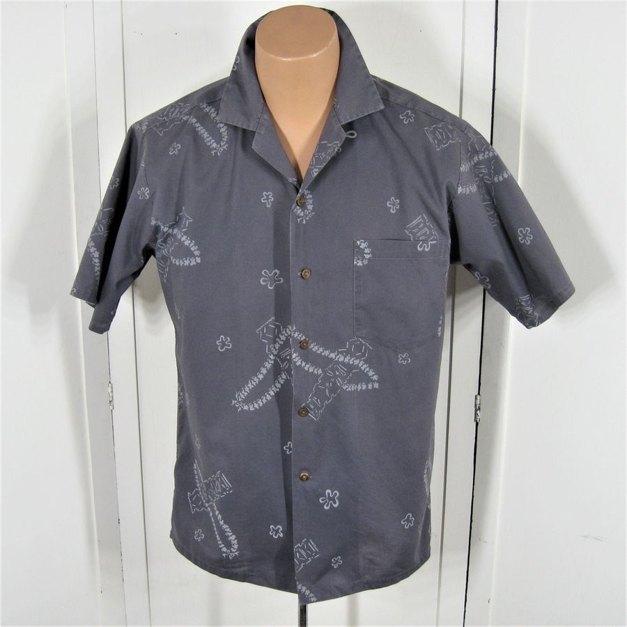 Tori Richards Hawaiian Shirt Early 60s Vintage, Gray Cotton Tiki Totem Print, Loop & Button Collar, Metal Buttons, Honolulu, Men's Medium