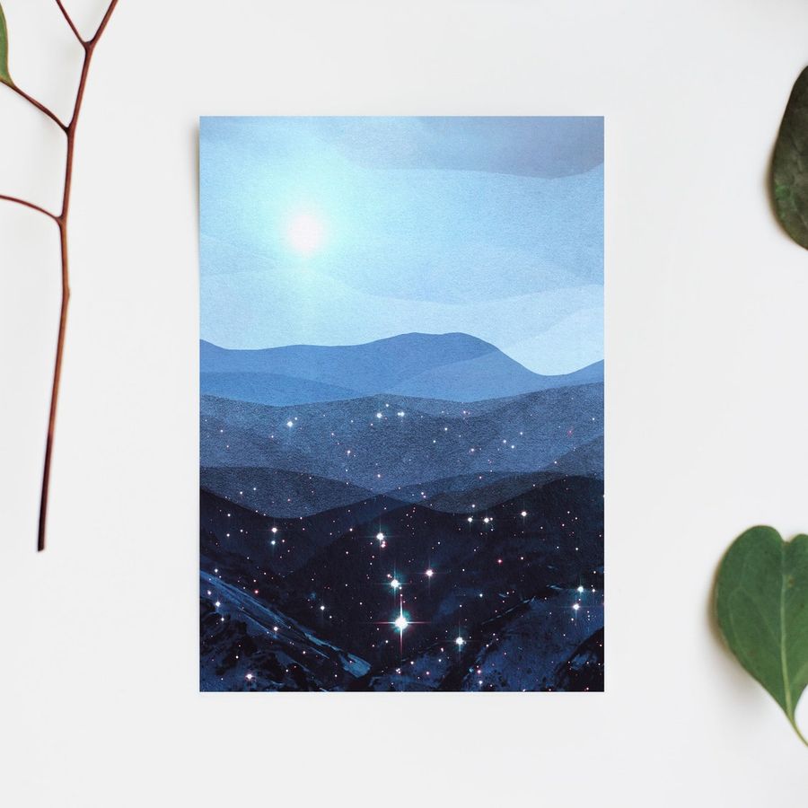 Tranquil Mountain Landscape Wall Art Print, Abstract Watercolour Mixed Media Painting, Calming Sunset Starry Night Sky Fine Artwork Prints