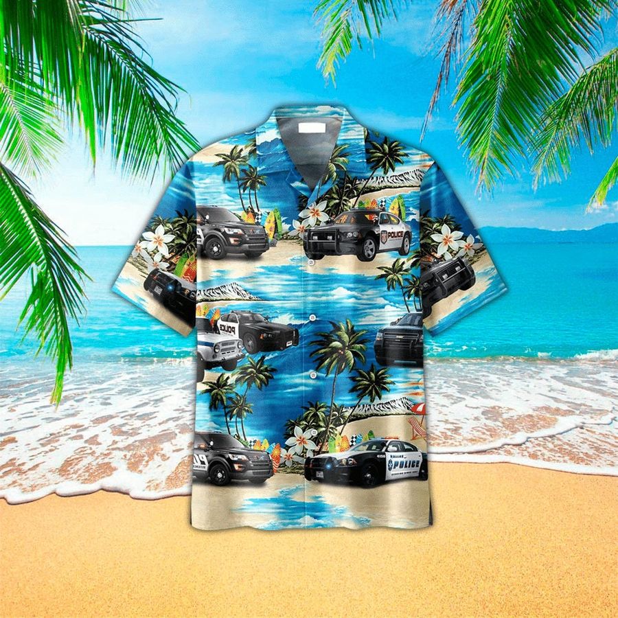 Tropical Beach Police Car Hawaiian Shirt For Men Women - Button Down Aloha Shirt, Short Sleeve Series - Vintage Hawaii Beach Shirt-1