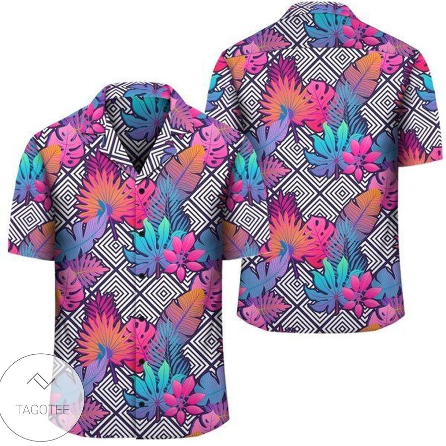 Tropical Exotic Leaves And Flowers On Geometrical Ornament Hawaiian Shirt