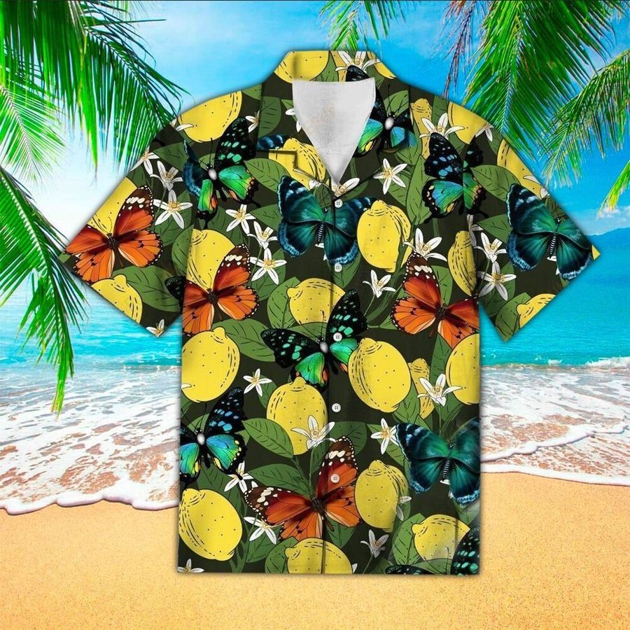 Tropical Lemon Butterfly Hawaiian Shirt For Men Women - Lemon Lovers Shirt, Short Sleeve Aloha Shirt - Vintage Hawaii Beach Shirt