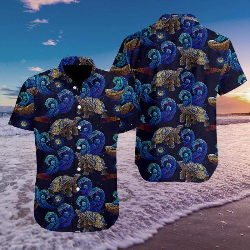 Turtle In The Night Ocean Embroidery Art Hawaiian Aloha Shirts Fantastic #79l