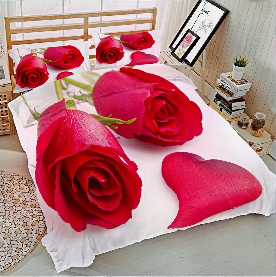 Two Red Roses Bedding Set – Duvet Cover – 3D New Luxury – Twin Full Queen King Size Comforter Cover