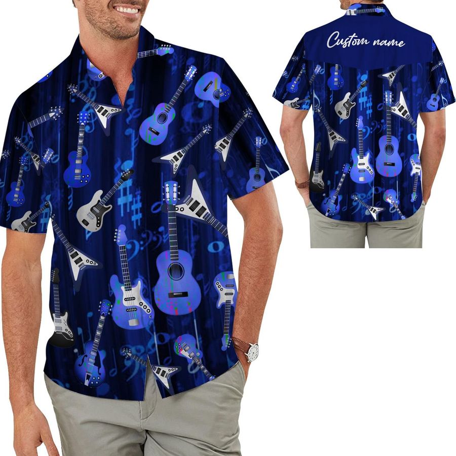 Types Of Guitar Music Note Pattern Button Up Custom Name Personalized Gifts Men Aloha Hawaiian Shirt For Guitarists Music Lovers