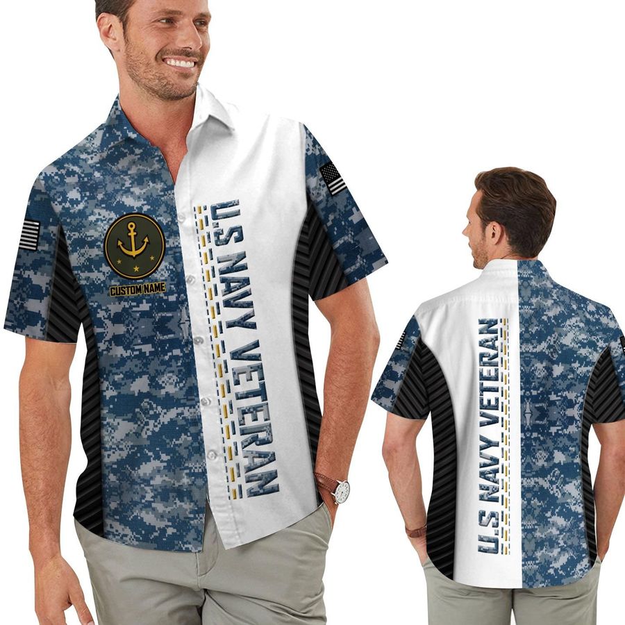 Us Navy Military Camouflage Background Custom Name Pesonalized Gifts Aloha Men Button Up Hawaiians Shirt For Veteran In Summer